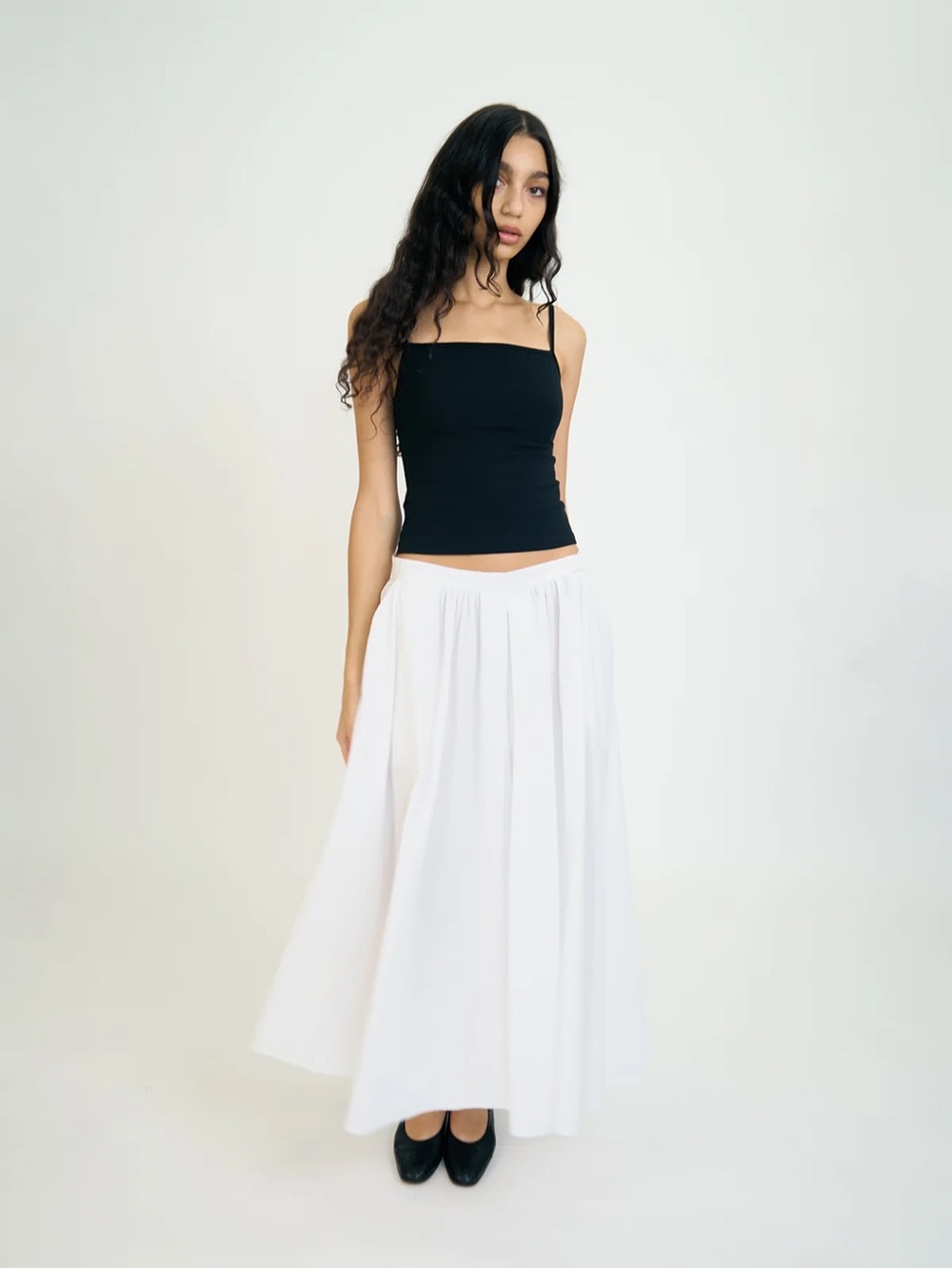 Oddli Pleated Poplin Skirt, White Maxi Gathered Skirt - Women's Flowy A-Line